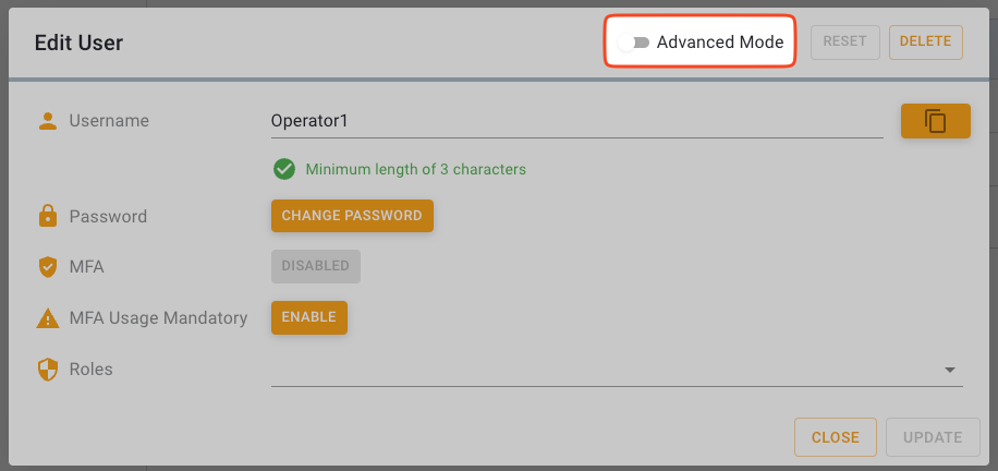 Activating Advanced Mode in Edit User dialog